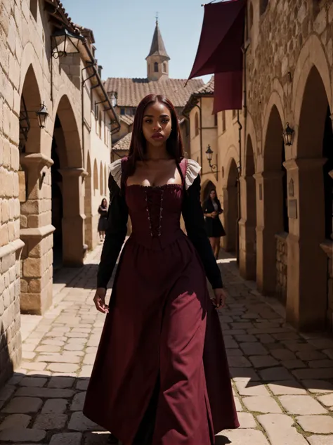 arafed woman in a long dress walking down a narrow street