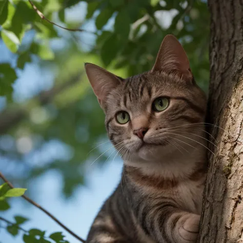 there is a cat that is sitting in a tree looking up