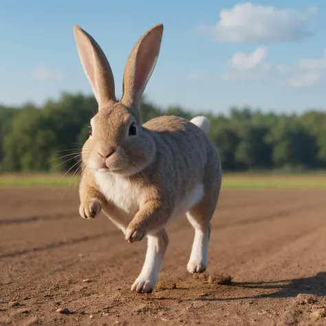 there is a rabbit that is running on the dirt