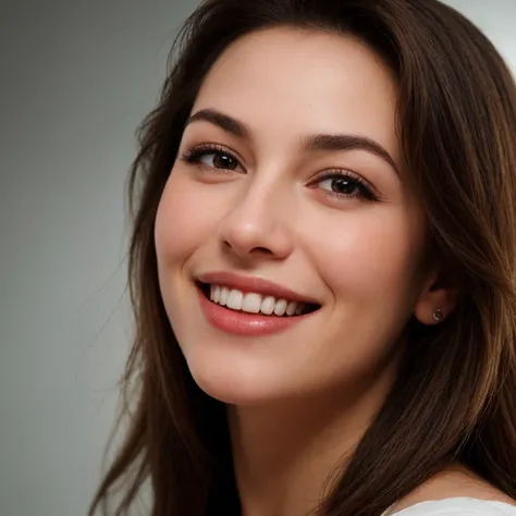 smiling woman with long brown hair and white shirt looking at camera