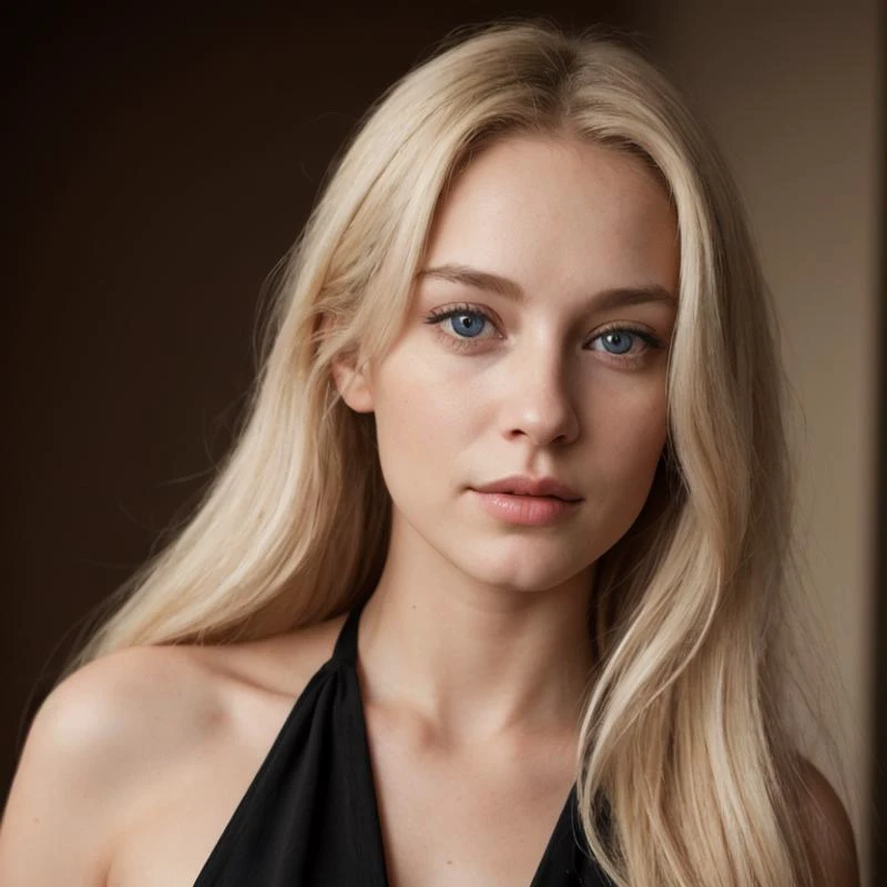 a close up of a woman with long blonde hair wearing a black dress