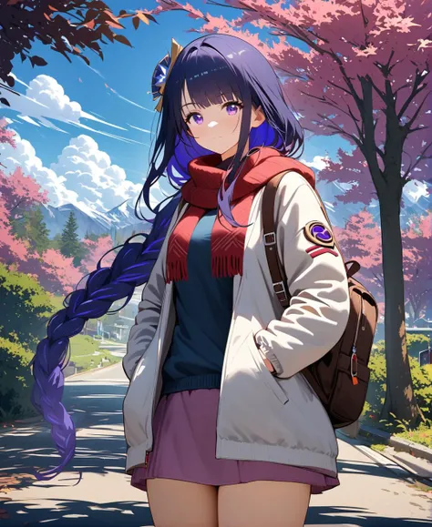 anime girl with long purple hair and a backpack standing in the middle of a road