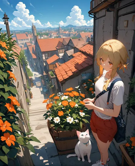 best quality,masterpiece,Lumine,
1girl,orange skirt,cat,plant,outdoors,bag,shirt,flower,potted plant,white shirt,day,short hair,sky,short sleeves,orange flower,orange shorts,flower pot,skirt,building,shoes,cloud,shoulder bag,solo,shorts,standing,scenery,bl...