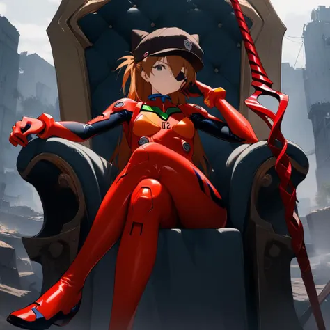 a close up of a person sitting on a chair with a sword