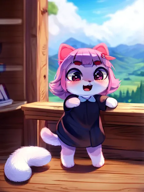 (8k, high resolution,high quality),
((masterpiece)),((small cat:1.4)), (detailed fur), (detailed face), detailed background, by dagasi,(by personalami), by SilverFox5213,[by Ruan Jia]
happy cat, chibi, open mouth
black dress
cute paws of a cat, fluffy
((ca...