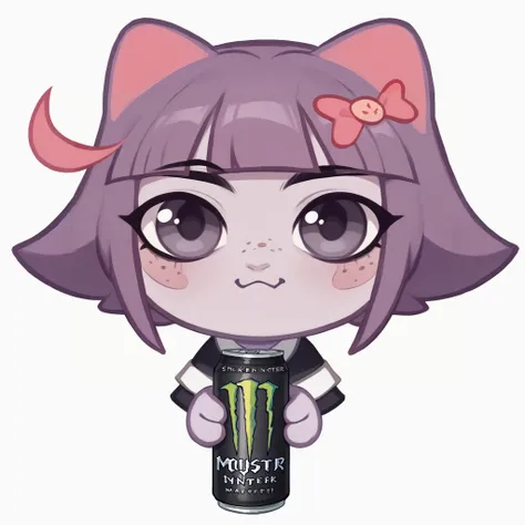 a cartoon girl with a pink bow holding a monster energy drink