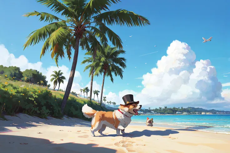 (masterpiece:1.2), best quality,PIXIV, corgi style by snatti,
dog, tree, palm tree, outdoors, tongue, hat, tongue out, no humans, bird, sand, top hat, day, animal focus, animal, sky, blue sky, beach, closed eyes
<lora:corgi style by_20231101164707-000014:0...