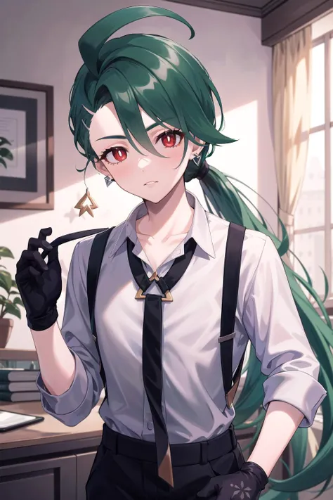 absurdres, best quality, 1girl, solo, eye focus, looking at viewer,  <lora:pokemon_rika:1>, rika, ahoge, ponytail, bright pupils, white pupils, grey collared shirt, necktie, suspenders, black pants, gloves, earrings, green hair, red eyes, bright pupils, co...