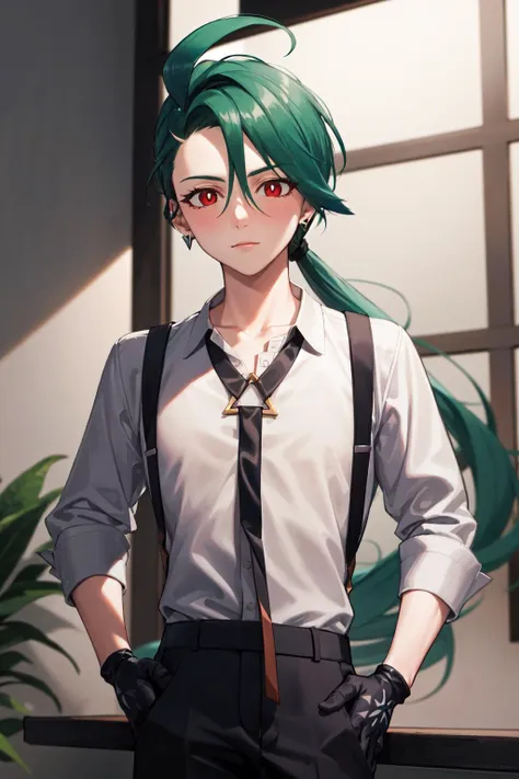 anime character with green hair and glasses standing in front of a window