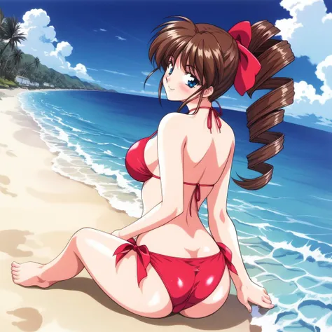 <lora:asakura_natsuki:0.8>retro artstyle,1990s (style), AsakuraNatsuki,1girl, solo, large_breasts, swimsuit, day, bikini, outdoors, blue eyes, brown hair, beach, long hair, sitting, side-tie bikini bottom, barefoot, smile, red bikini, looking back, looking...