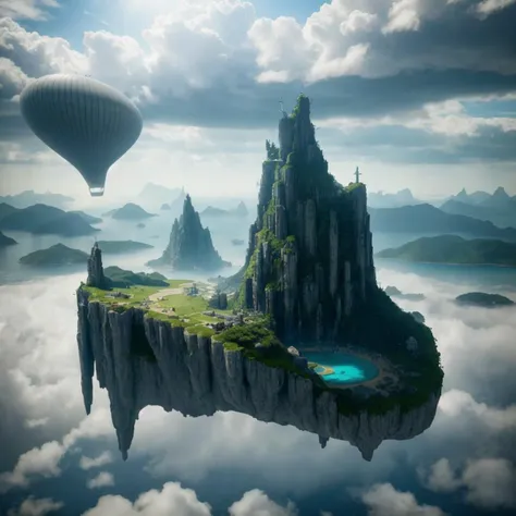 a large island floating in the air with a hot air balloon