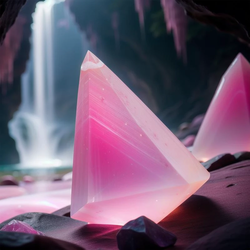 a close up of a pink crystal in a cave with a waterfall in the background