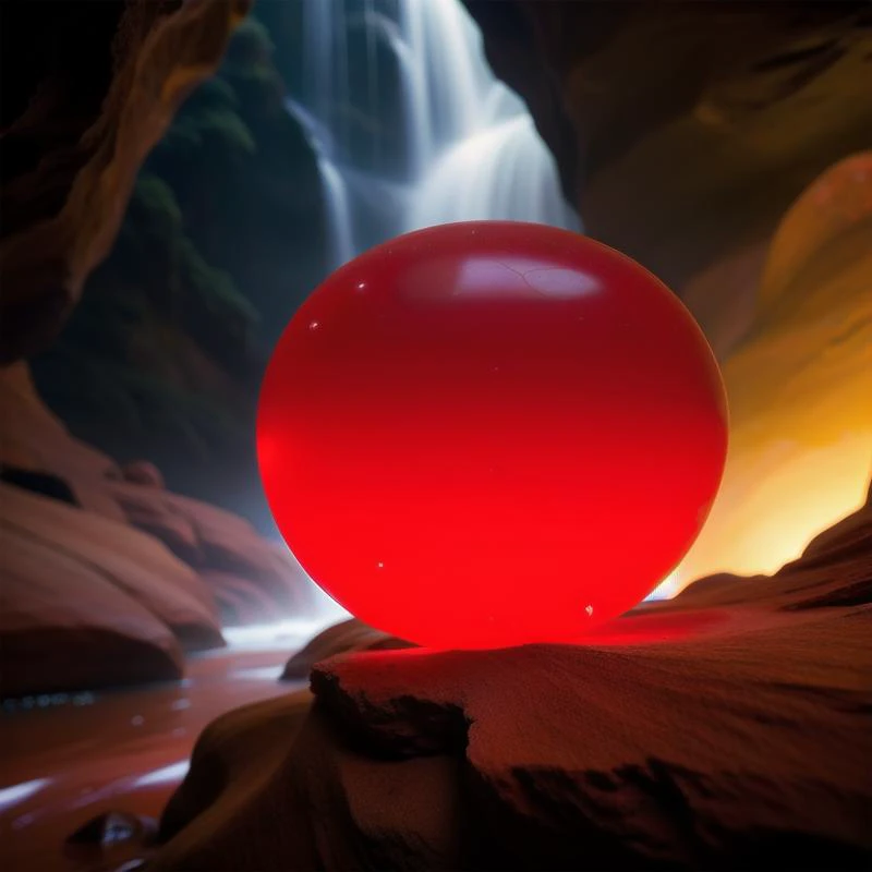 a red ball sitting on top of a rock next to a waterfall