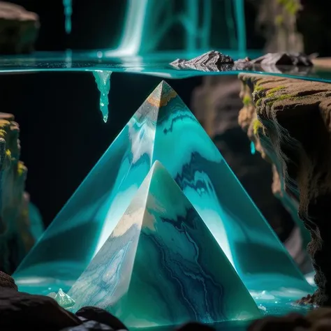 (masterpiece, best quality, detailed:1.5), no humans, (cyan theme:1.2), large (gemstone:1.3) contains fossilized insect, under waterfall in dark cavern, backlighting, sharp focus, depth of field