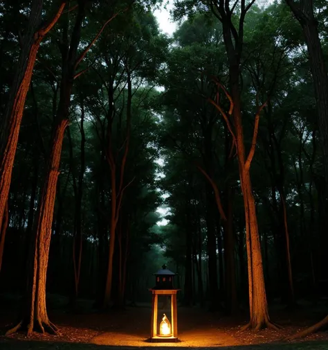 Mystical grove, lantern-lit ceremonies of forest spirits, akin to supernatural anime settings.