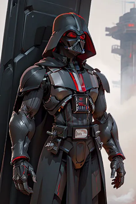 Person/Subject: Cyborg, vader, black armor, cape, robot joints,  evil, villain, red eyes, dark hair, pale skin, vertical pupils, dressed in mechanical clothing with gears and electricity, ((4arm:1.0)).
Color:  orange, black red, purple, yellow. 
Action: st...