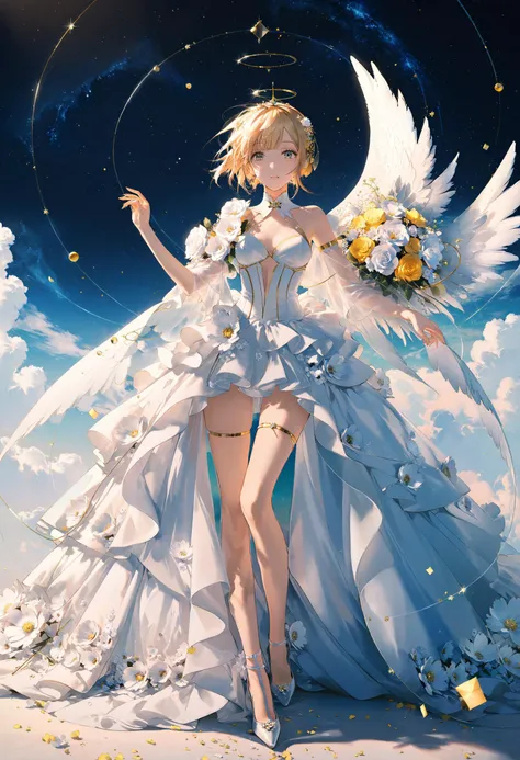 by rella, by chen bin,
A young female fashion model, 
[dynamic pose:0.7], clear blue sky, space, star, floral, angel wing, Dutch angle, golden ratio,
wedding dress,
beautiful, aesthetic, detailed, beautiful color, 
amazing quality, best quality, high quali...