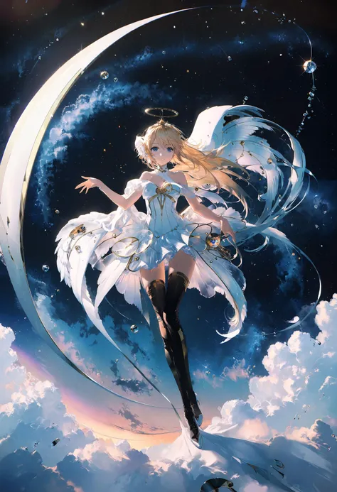 by rella, by foomidori, by lam, by makoto shinkai, by Ilya Kuvshinov,
A young female fashion model, detailed face, detailed eyes, detailed hair, angel, angel wing, mechanical wing, 
(dynamic pose:1.2), (dutch angle:1.5), golden ratio,
wedding dress, myster...