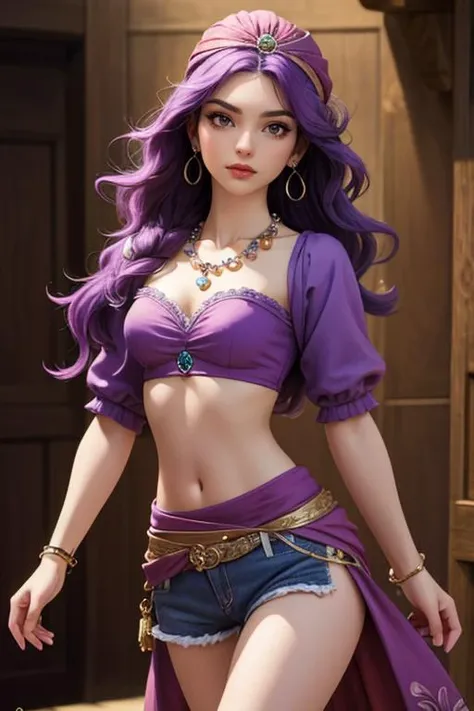 (masterpiece, best quality, hires, high resolution:1.2), extremely detailed, intricate details, highres, leila, jewelry, necklace, midriff, earrings,  purple hair, <lora:leila-ff-richy-v1:1>