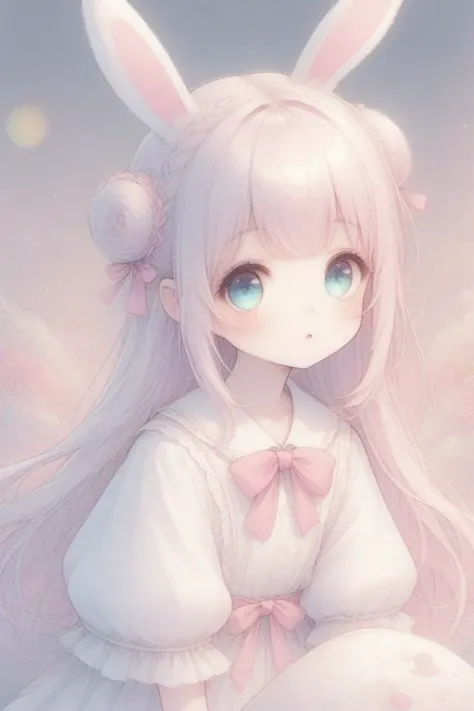 anime girl with long white hair and bunny ears sitting on a cloud