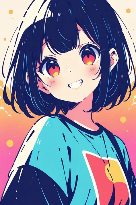 a cartoon girl with a blue shirt and red eyes