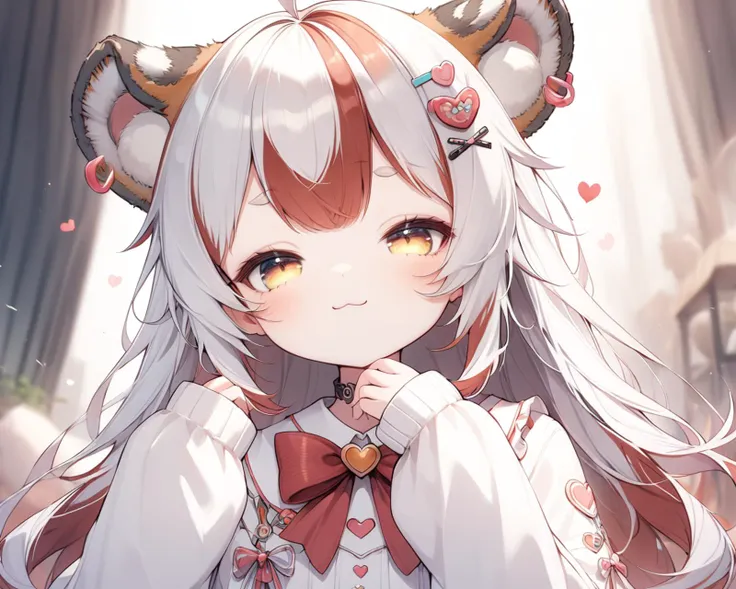 anime girl with long white hair and horns in a room