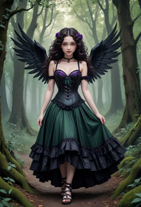 (medium full shot) of (mesmerizing dark angel with black wings) young woman, tiny build, extra long dark curly down hair, chinese, pale skin, hazel eyes, dressed in a dark green corset, midi skirt with ethereal accents, strappy sandals with dark accents, d...