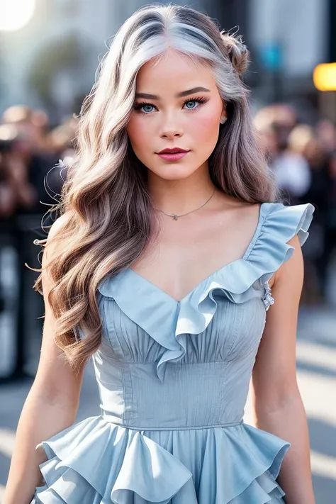 photo of beautiful (nadbreaty:0.99), a woman with beautiful hair, hair upsweep updo, as a movie star in a (movie premiere), premiere gala, (near a movie theatre), natural skin texture, (elegant blue ruffled dress), 24mm, 4k textures, soft cinematic light, ...