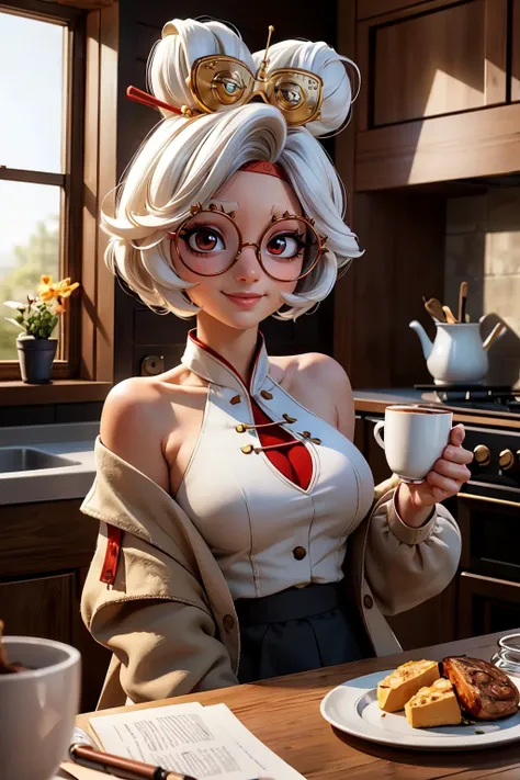 purah, red eyes, white hair, red framed eyewear, hair stick, hair ornament, large breasts, white jacket, long sleeves, off shoulder, black skirt, looking at viewer, smiling, upper body shot, sitting behind a table, inside a cozy kitchen, holding cup of hot...