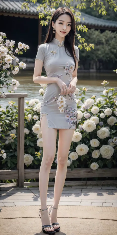 nikon RAW photo,8k,Fujifilm XT3,masterpiece,best quality,realistic,photorealistic,ultra detailed,extremely detailed face,cinematic lighting,Ancient Imperial Palace, gril,1girl,solo,full body, earrings, edium breasts, dynamic pose,happy,Surrounded by flower...