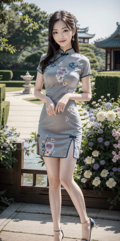 a woman in a gray dress standing in front of flowers