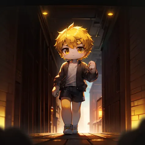 cinematic film still ((masterpiece, best quality)),(complex lighting), solo, full body, 1boy, yellow hair,open clothes,hair,shirt,shorts, <lora:maplestory_2_ver1-10:0.8>,chibi, walking towards viewer . shallow depth of field, vignette, highly detailed, hig...