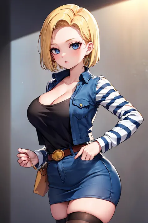 (masterpiece, best quality), 1girl,   <lora:android18-lora-nochekaiser:1> android 18, blonde hair, blue eyes, eyelashes, hoop earrings, short hair, earrings belt, black legwear, black shirt, breast pocket, cleavage, collarbone, denim, denim skirt, high-wai...