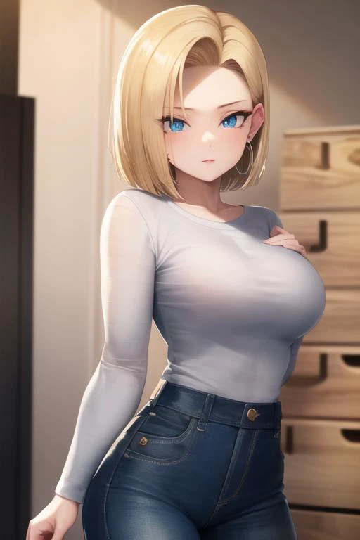 (masterpiece:1.0),(best_quality:1.0), ultra high res,4K,ultra-detailed, cowboy shot, <lora:android18test:1> android 18, blonde hair, blue eyes, eyelashes, hoop earrings, short hair, earrings