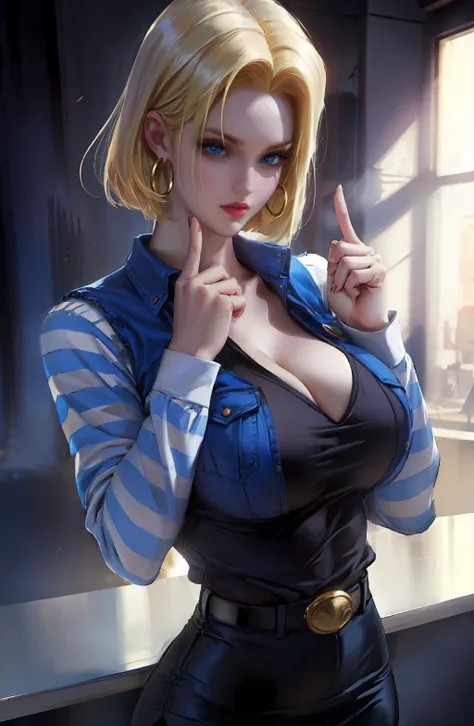 <lora:zodiac style v1:0.9>, <lora:android18-lora-nochekaiser:0.9>android 18, blonde hair, blue eyes, eyelashes, hoop earrings, short hair, earrings,belt, black legwear, black shirt, breast pocket, cleavage, collarbone, denim, denim skirt, high-waist skirt,...