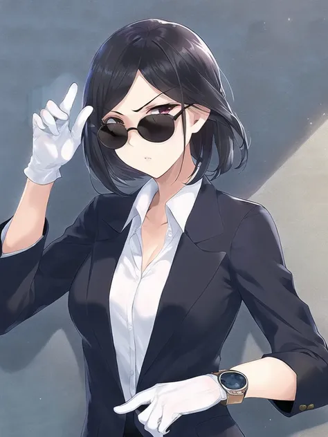 best quality, masterpiece, <lora:yomomirin-000016:1>, 1girl, medium hair, golden hand watch, black hair, blunt ends, sunglasses, white shirt, black business suit, sfw, white gloves, round sunglasses, serious