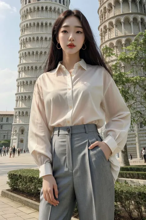 <lora:yangjeehyeon_obj20:0.5  >, full_body, standing, sandals, (shirt), pants, (leaning tower of pisa), (yangjeehyeon: 1.2), perfect face, (contact iris: 1.1), pale skin, skin pores , depth of field