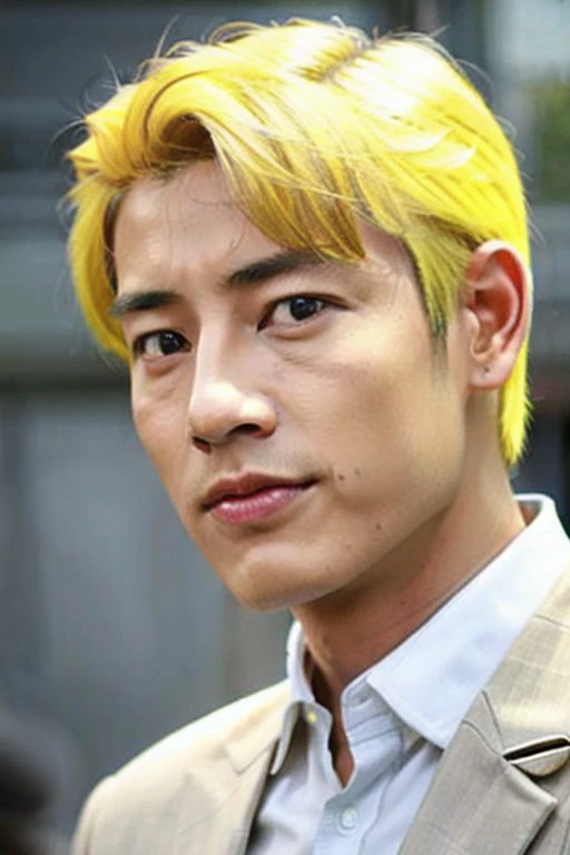 a close up of a man with a yellow hair and a suit