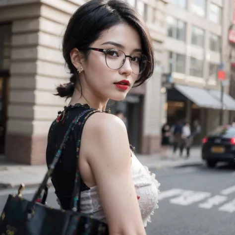 a woman with glasses, straight short black hair, red lips and earrings, american shot