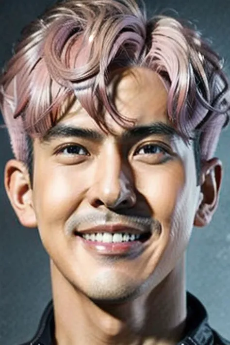 a close up of a man with a pink hair and a mustache