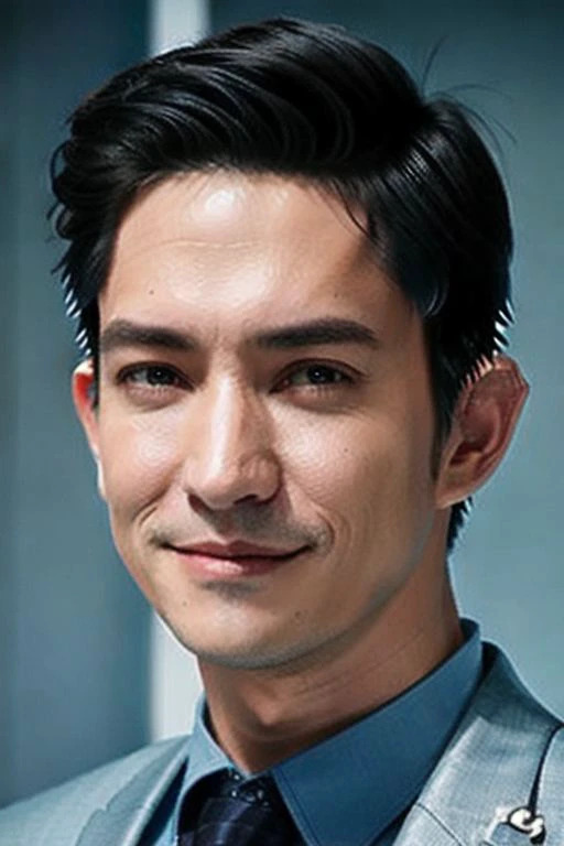 ((((1boy , medium shot, spiky short hair  color :1.5)))),(8k, RAW photo, best quality, masterpiece:1.2), (realistic, photo-realistic:1.4), (extremely detailed CG unity 8k wallpaper) , ((  close up shot portrait of a charming Horsen posing for shang yoon ma...