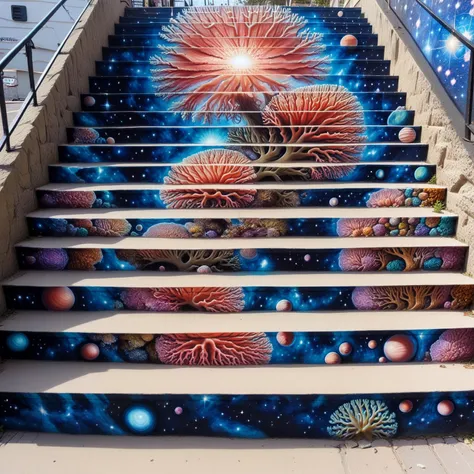 stairs art, alternate dimensions, coral polyp,celestial bodies, stair-art, <lora:stair-art2:1>