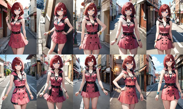 masterpiece, best quality, highres, cckairi, medium hair, necklace, bare shoulders, hoodie, buttons, sleeveless, bracelet, belt buckle, black belt, pink skirt, <lora:kairi_v1:0.7>, standing, cowboy shot, town, street, smile