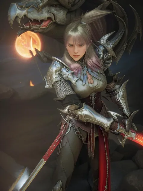 epic realistic, woman,  <lora:BDO_DR4KANIA:1.3>,  ((exclaire)),  sword, tree at background,  flame, (sword fight), ((action-packed)),  darkness, dynamic pose, (looks at the viewer),, rutkowski, rim light