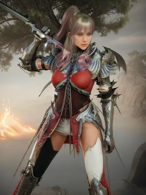 epic realistic, woman,  <lora:BDO_DR4KANIA:1.3>,  ((exclaire)),  sword, tree at background,  flame, (sword fight), ((action-packed)),  darkness, dynamic pose,, rutkowski, rim light