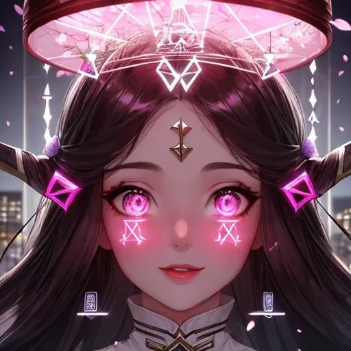 a woman with horns and pink eyes stands in front of a city