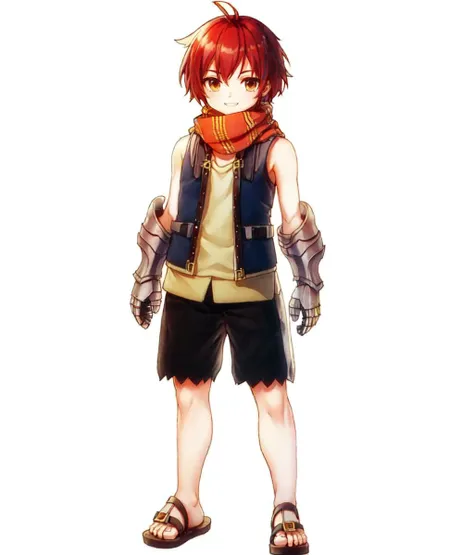 masterpiece, white background, simple background , standing, full body, 1boy, solo, looking at viewer, red hair, short hair, ninka, bare arms, gauntlets, sandals, smile, scarf,  <lora:Suikoden Males:1>