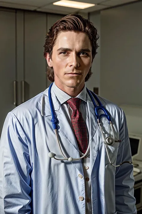 portrait photo of  (sigmabale) <lora:SigmaBaleDogu2mini:1> ,as (a doctor:1.1), muscular, serious look on the face, wearing a doctors coat, stethoscope, in a hospital