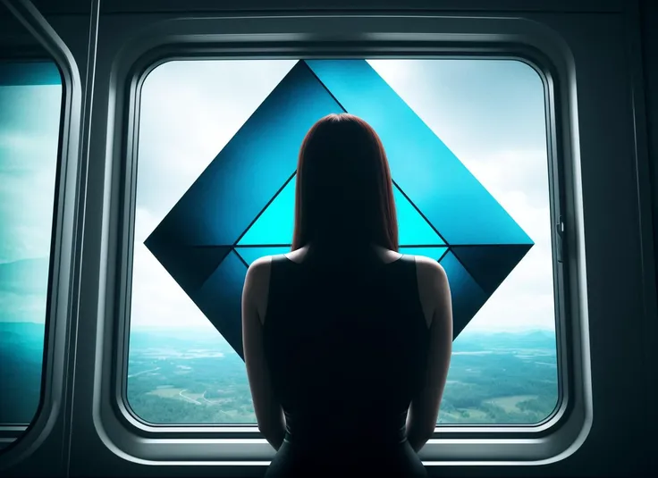 three cornered window, back of head shot of (woman looking out of triangle window:1.1), 3rd person, Looking out the triangular window of a (train:1.1) with triangular windows, triangular windows and triangular, wheels,  in a fantasy world, 
psychedelic, ge...