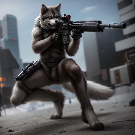 a sniper rifle, metallicpost apocalyptical, urban war, anthromorphic husky wolf, , husky wolf head, ((furry)) crotch, digitigrade wolf holding a sniper rifle, anthro, anthromorphic crotch